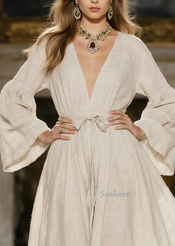 Italian Beige V Neck Tie Waist Linen Dress Spring - Image 2