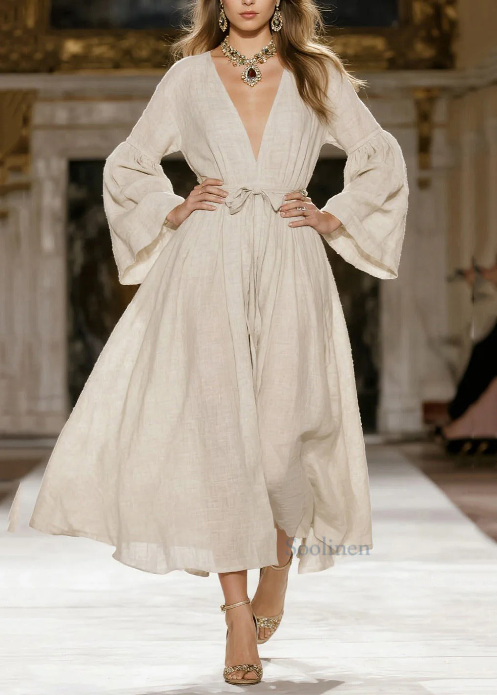 Italian Beige V Neck Tie Waist Linen Dress Spring - Image 3