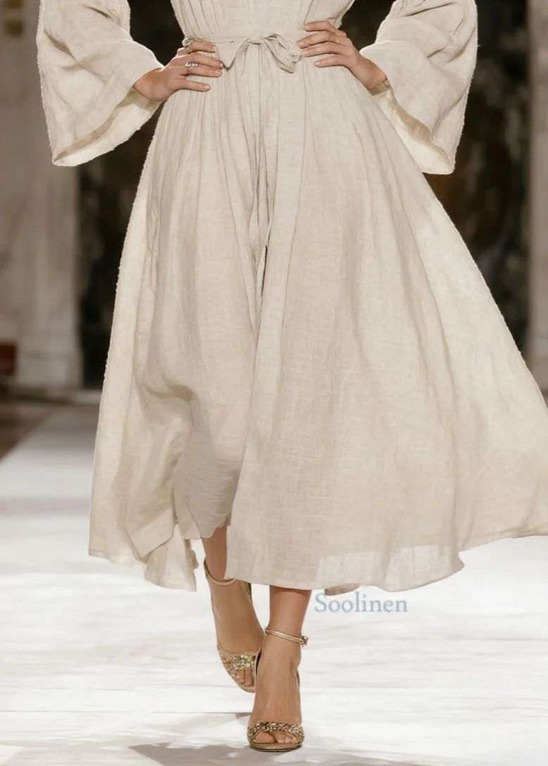 Italian Beige V Neck Tie Waist Linen Dress Spring - Image 4