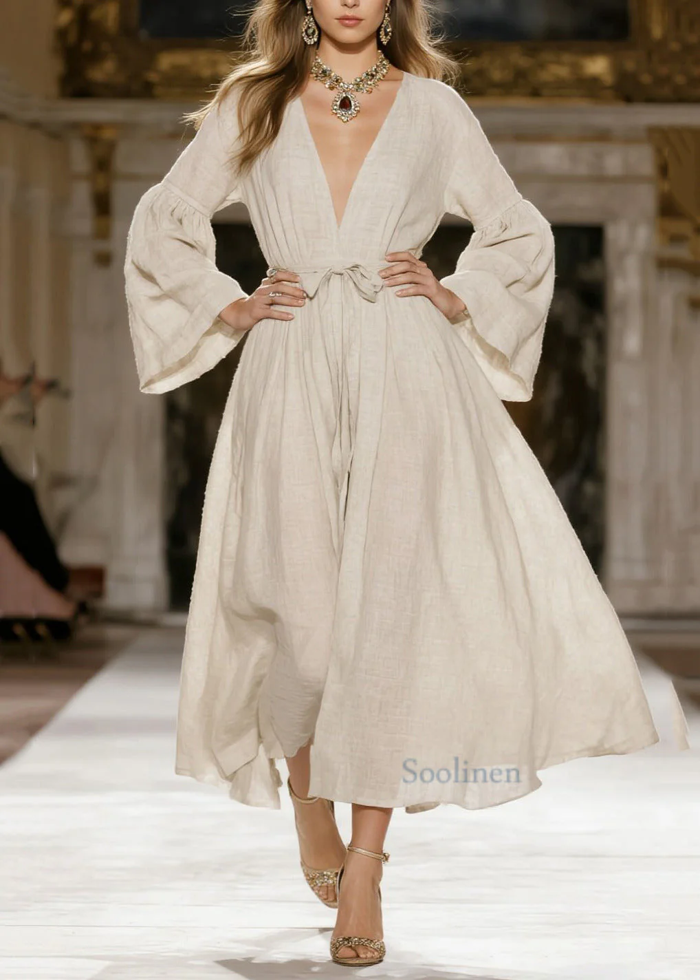 Italian Beige V Neck Tie Waist Linen Dress Spring - Image 5