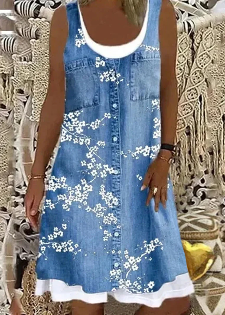 Italian Bird Print False Two Pieces Denim Mid Dress Sleeveless - Image 2
