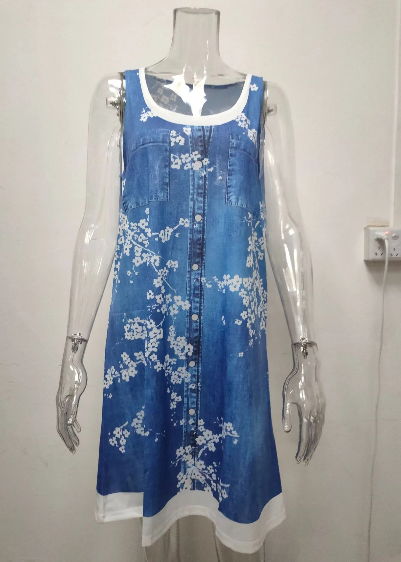 Italian Bird Print False Two Pieces Denim Mid Dress Sleeveless - Image 3