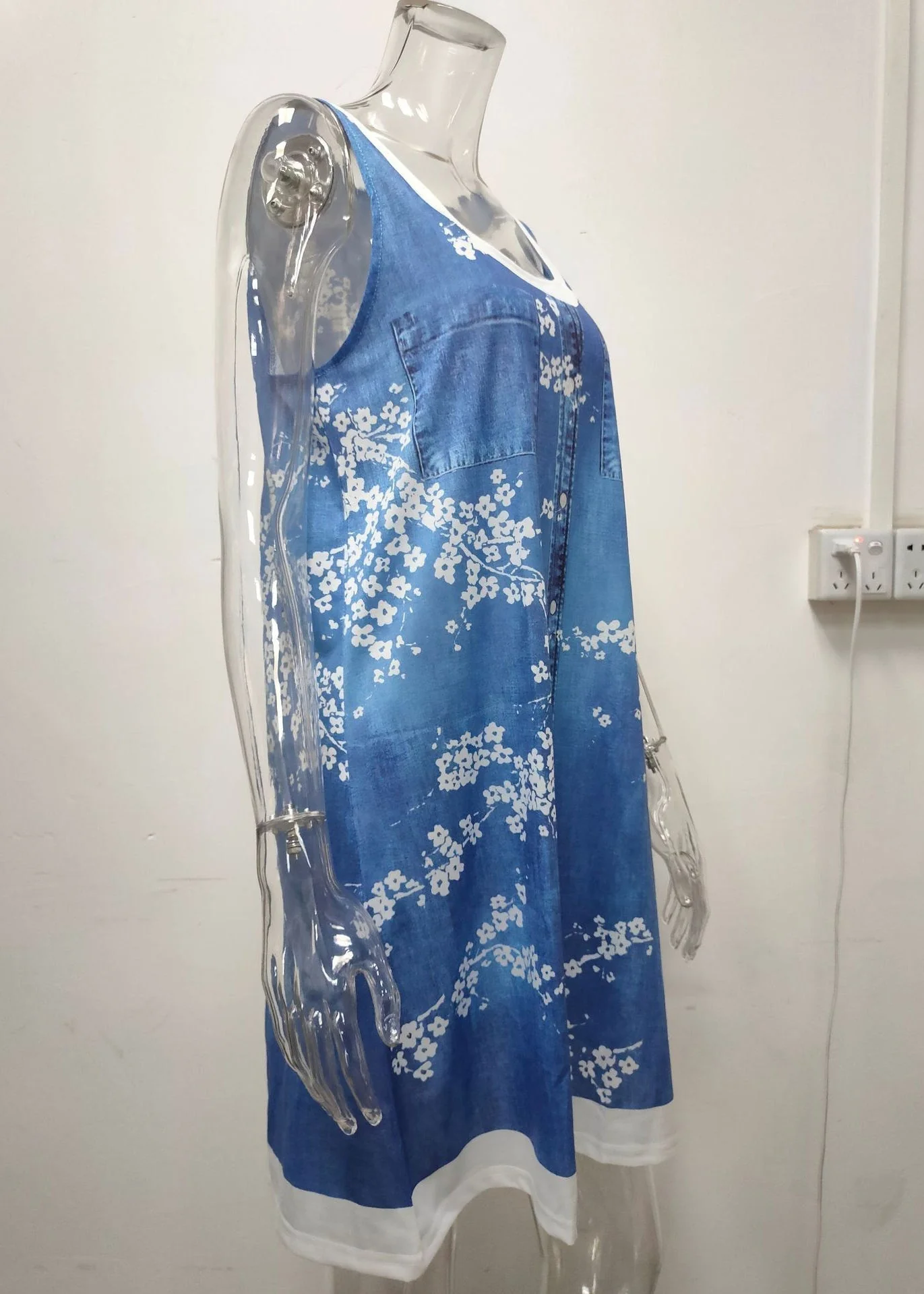 Italian Bird Print False Two Pieces Denim Mid Dress Sleeveless - Image 4