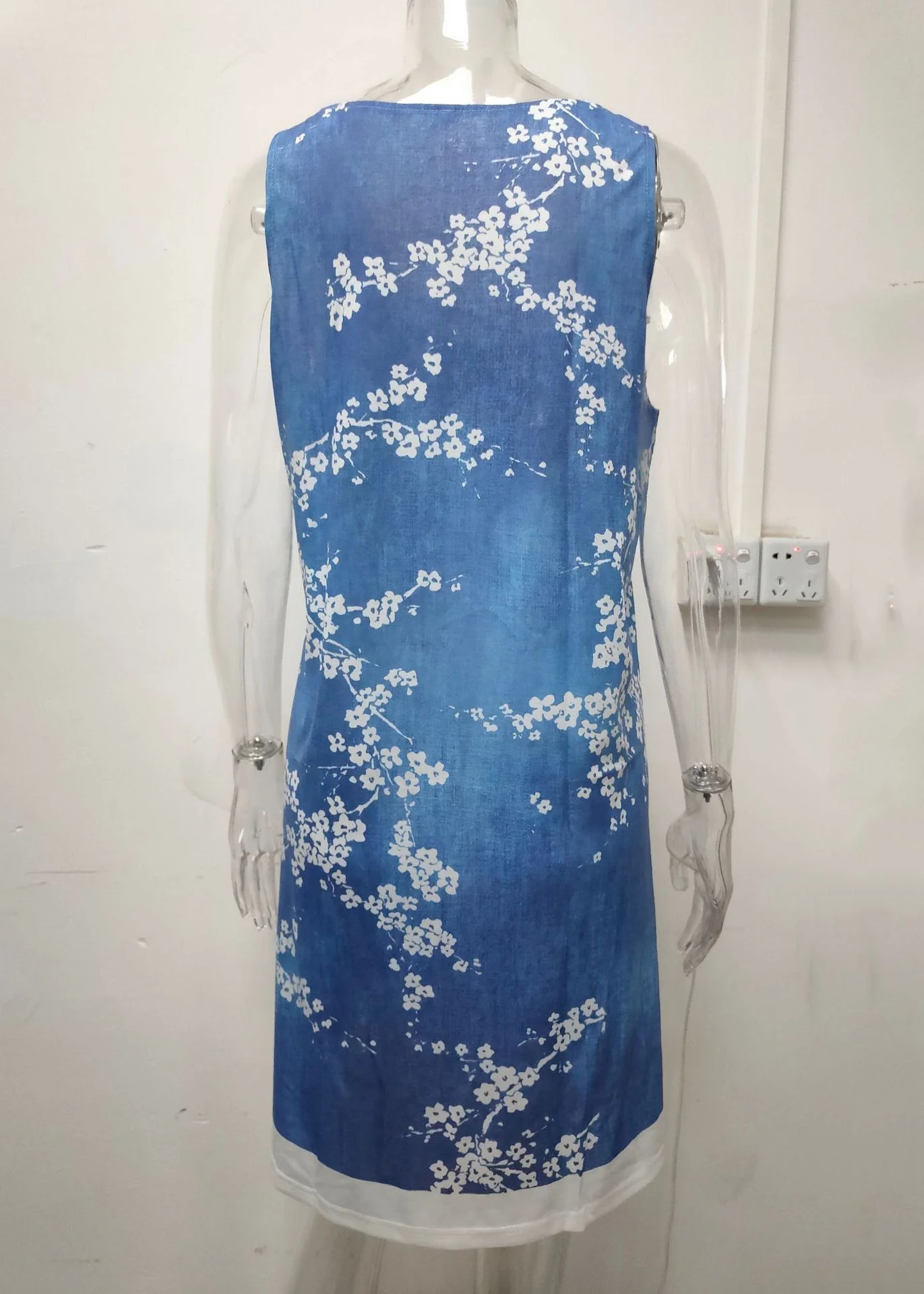 Italian Bird Print False Two Pieces Denim Mid Dress Sleeveless - Image 5