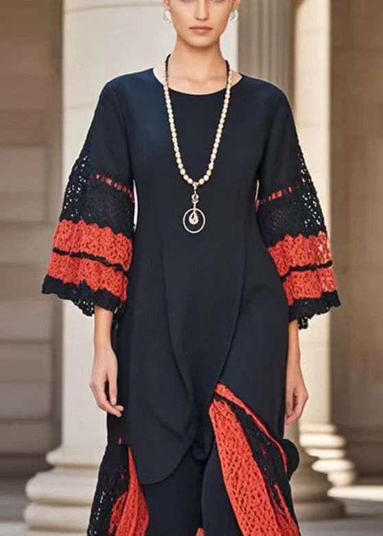 Italian Black Asymmetrical Patchwork Lace Holiday Dress Fall - Image 2