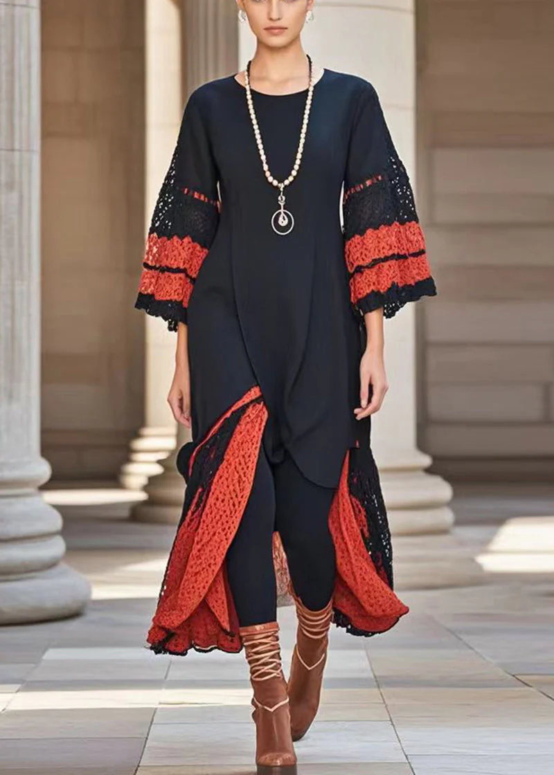 Italian Black Asymmetrical Patchwork Lace Holiday Dress Fall - Image 3