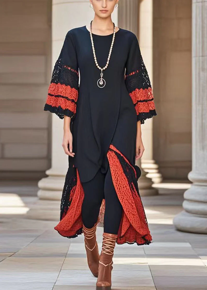 Italian Black Asymmetrical Patchwork Lace Holiday Dress Fall - Image 5