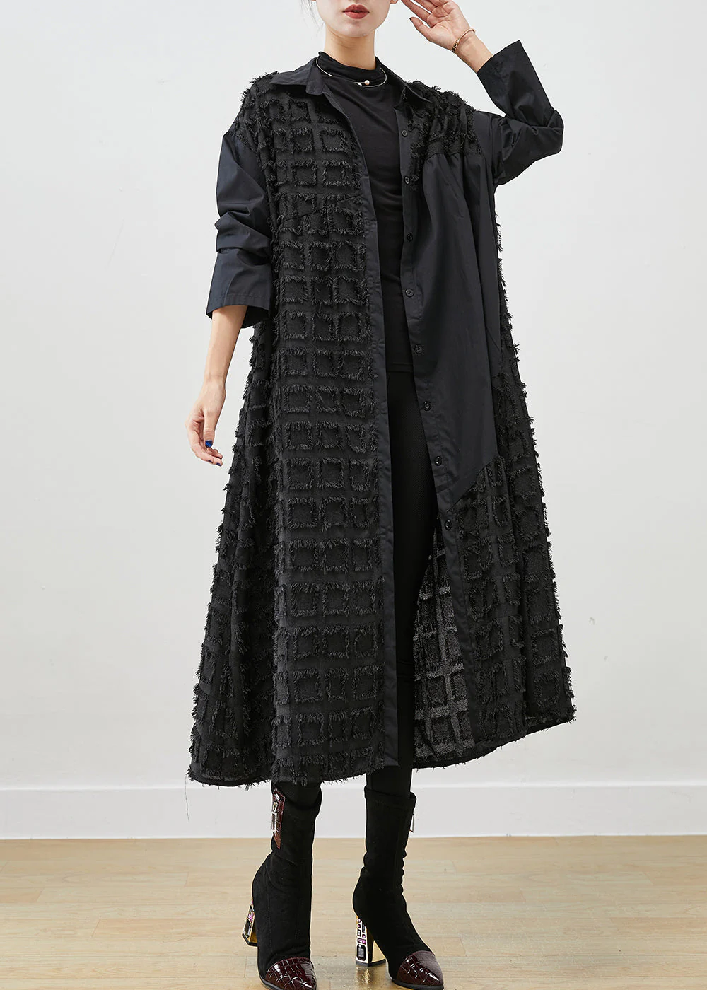 Italian Black Asymmetrical Patchwork Plaid Cotton Shirt Dress Fall - Image 2