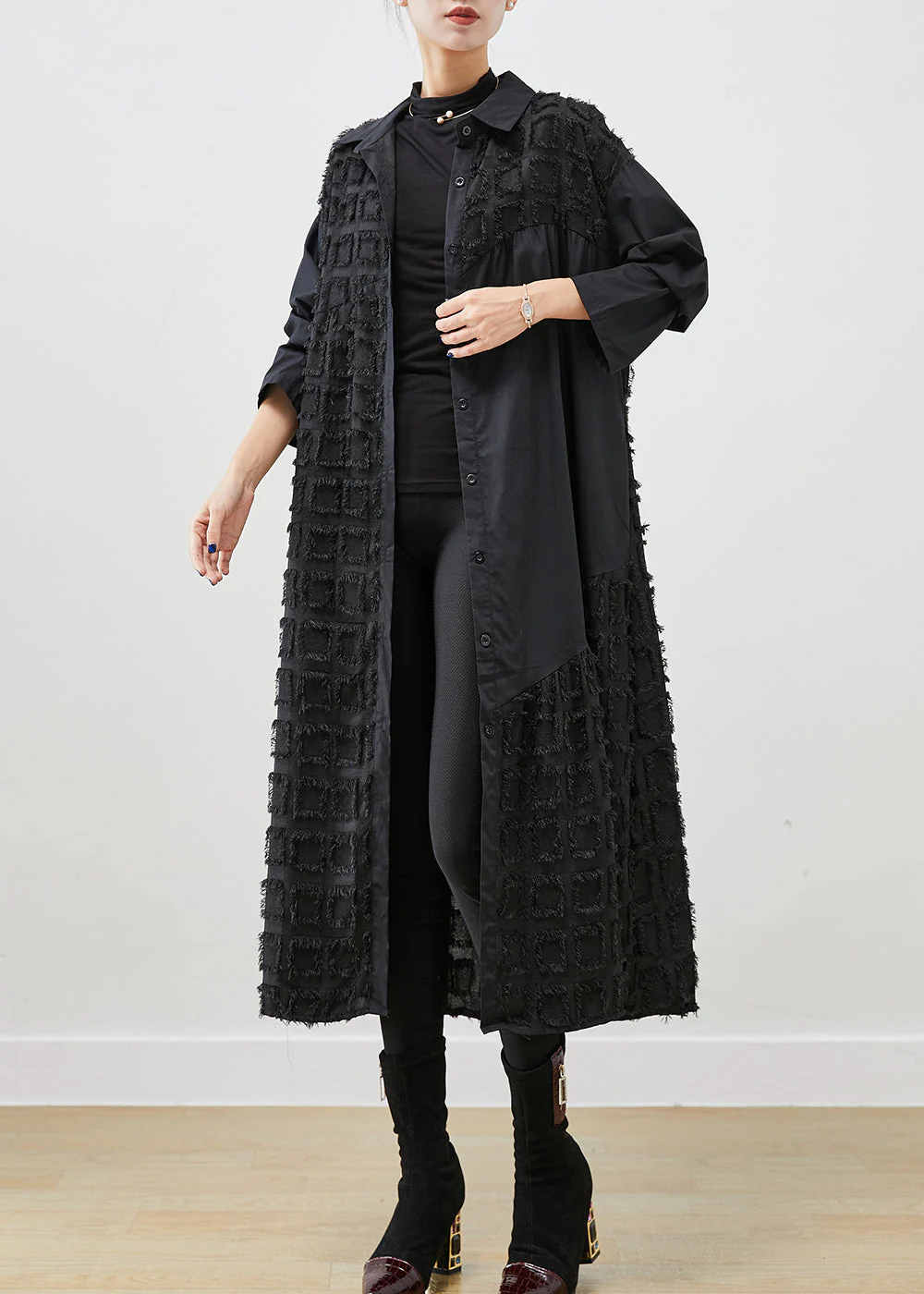 Italian Black Asymmetrical Patchwork Plaid Cotton Shirt Dress Fall - Image 3