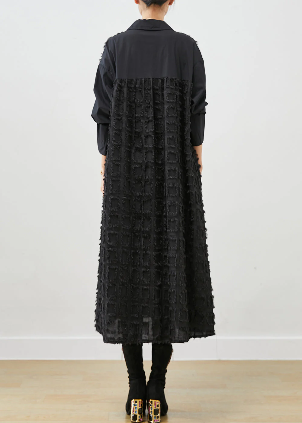 Italian Black Asymmetrical Patchwork Plaid Cotton Shirt Dress Fall - Image 4