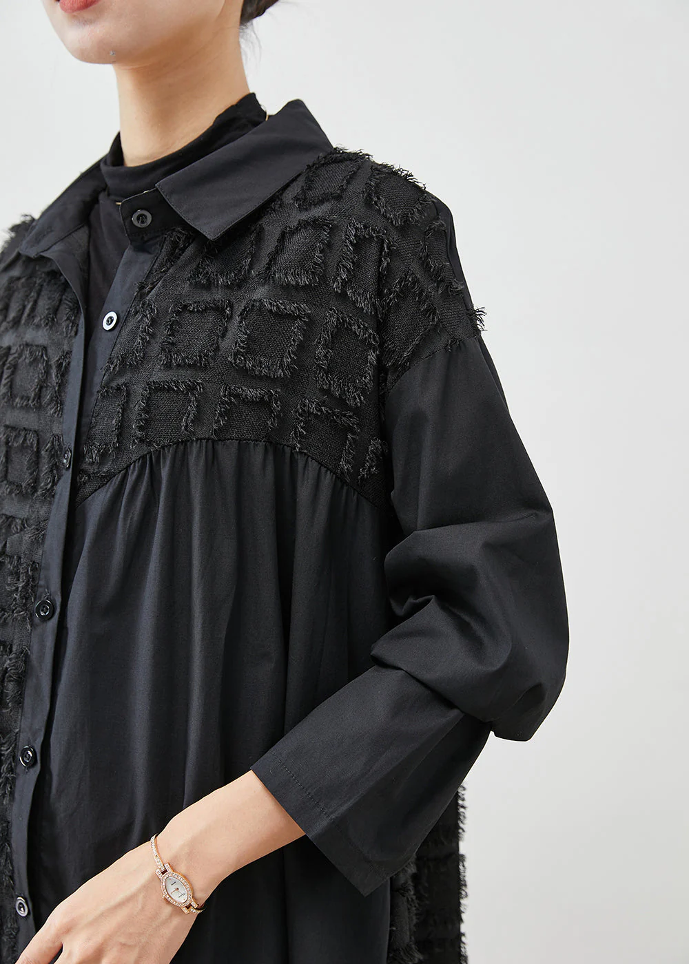 Italian Black Asymmetrical Patchwork Plaid Cotton Shirt Dress Fall - Image 5