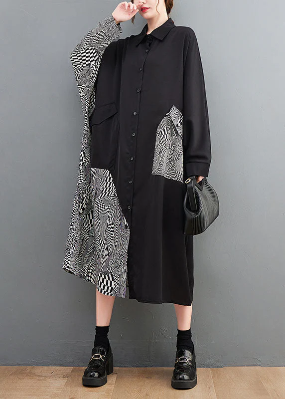Italian Black Asymmetrical Patchwork Print Cotton Dresses Spring