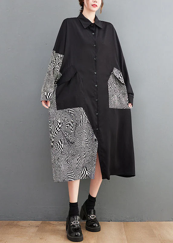 Italian Black Asymmetrical Patchwork Print Cotton Dresses Spring - Image 3