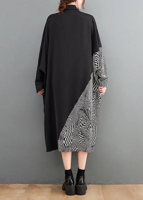 Italian Black Asymmetrical Patchwork Print Cotton Dresses Spring - Image 5