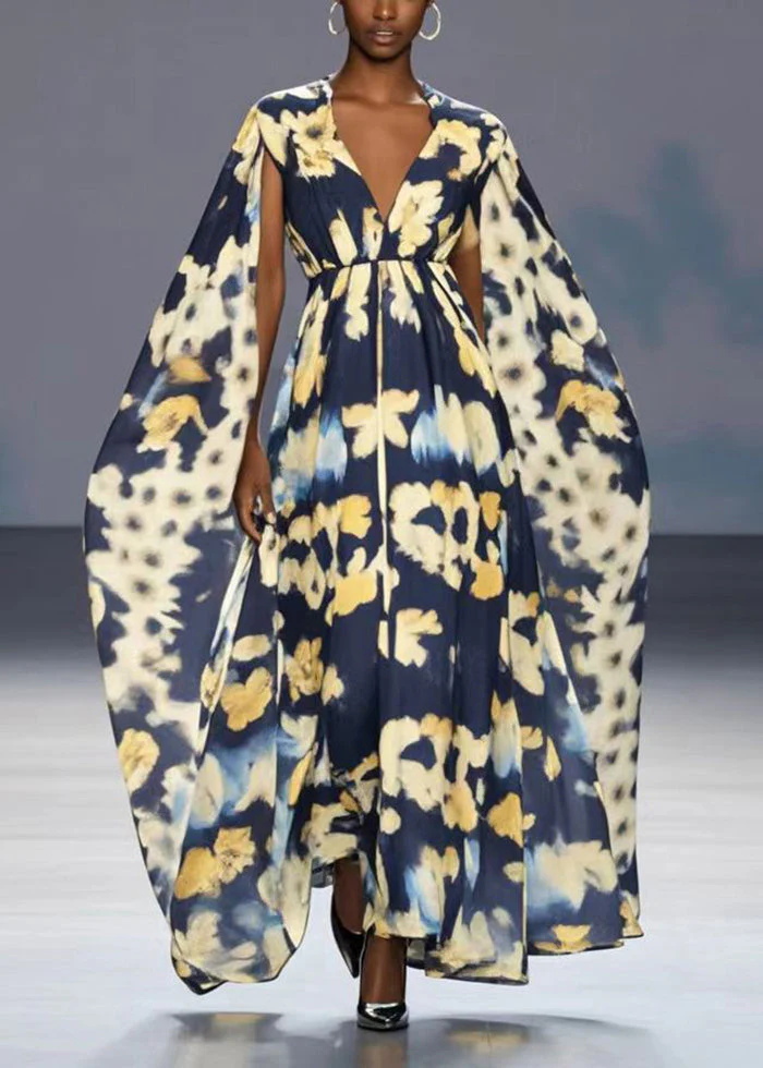 Italian Black Cinched Print Chiffon Party Dresses Cloak Sleeves - Image 3