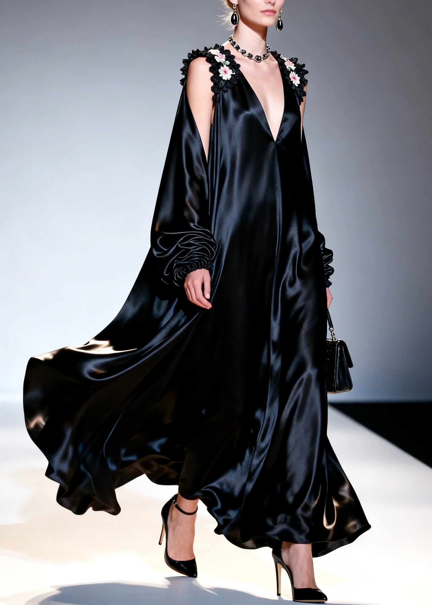 Italian Black Cold Shoulder Floral Silk Party Dress Summer - Image 5