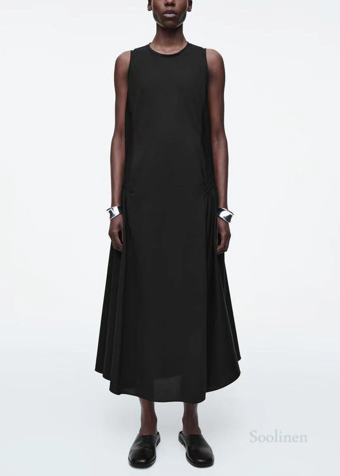 Italian Black Drawstring Cotton Party Dress Sleeveless