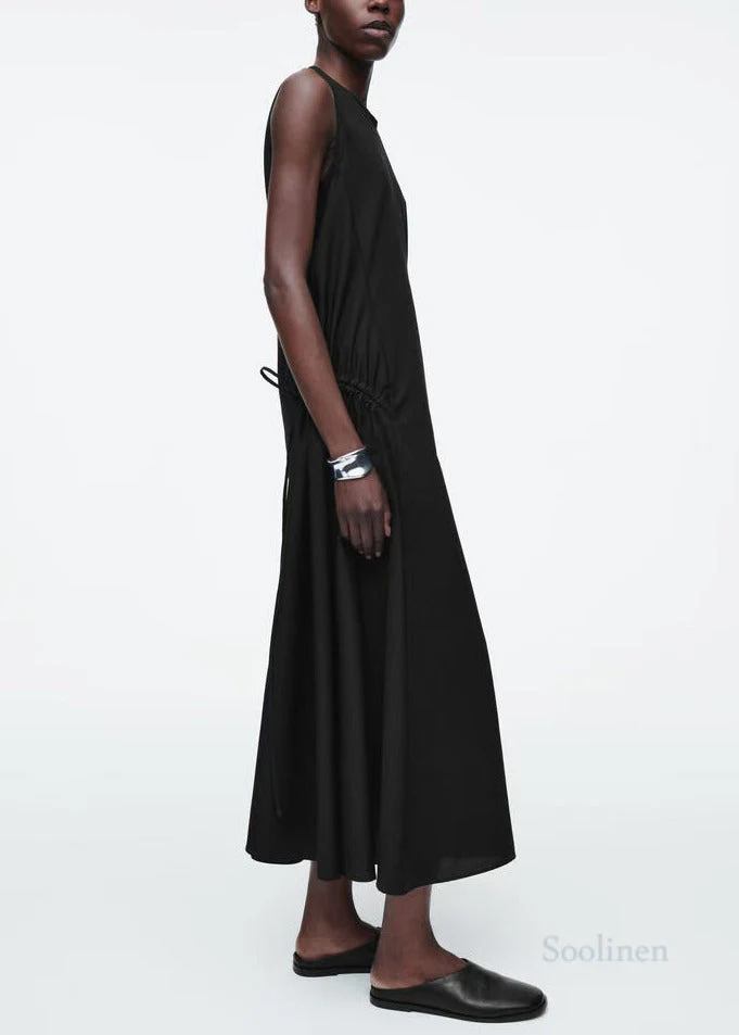 Italian Black Drawstring Cotton Party Dress Sleeveless - Image 2