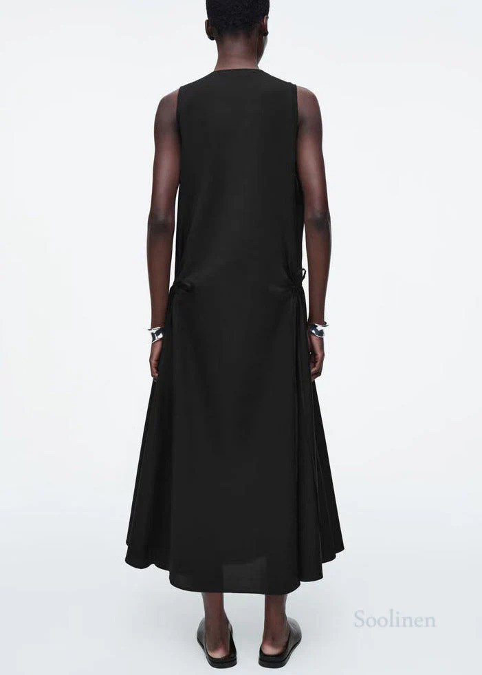 Italian Black Drawstring Cotton Party Dress Sleeveless - Image 3