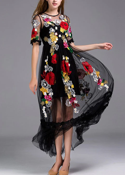 Italian Black Embroidered Zippered Tulle Long Dress Summer - Image 2