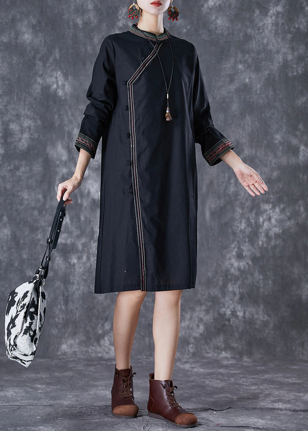 Italian Black Embroideried Chinese Button Linen Dress Fall - Image 3
