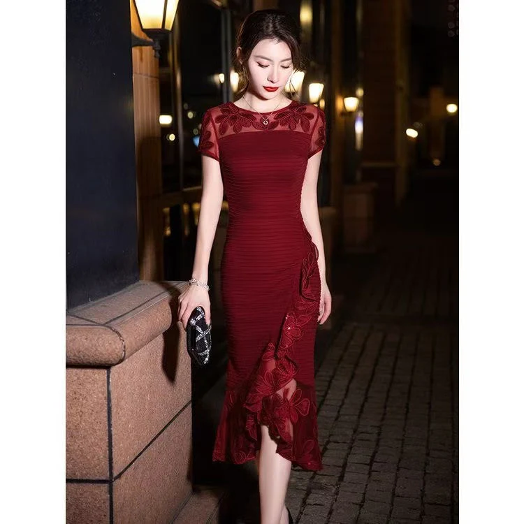 Italian Black Embroidered Tulle Patchwork Fishtail Skirt Dress Half Sleeve - Image 4