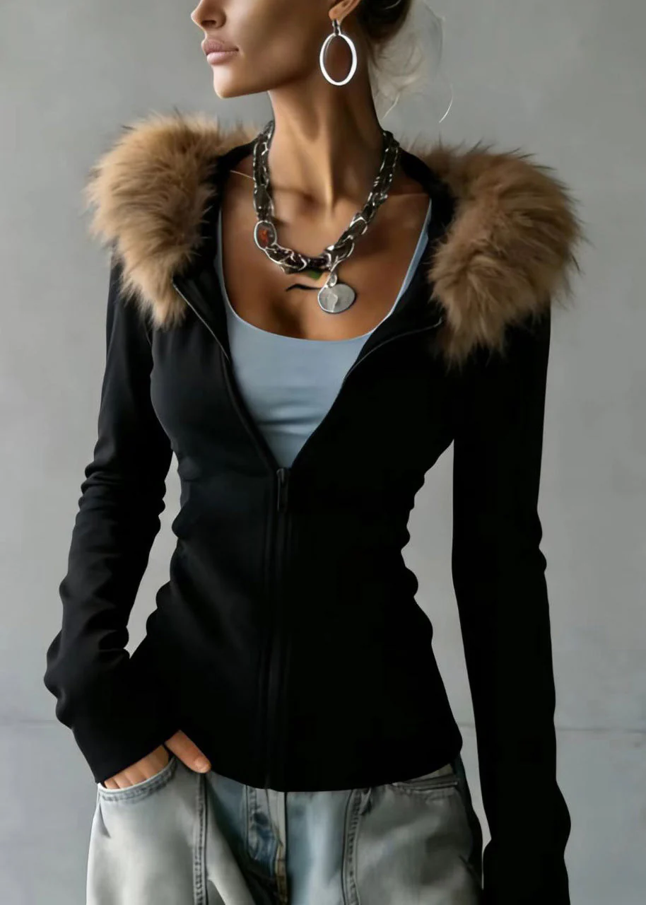 Italian Black Fur Collar Patchwork Cotton Hooded Coats Spring - Image 3