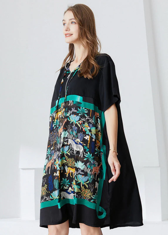 Italian Black Hooded Patchwork Print Chiffon Dress Summer - Image 3