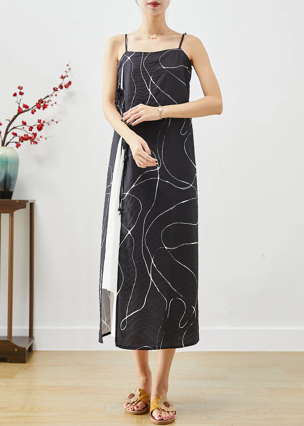 Italian Black Lace Up Patchwork Cotton Beach Spaghetti Strap Dress Summer - Image 2