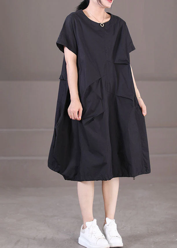 Italian Black O-Neck Drawstring Cotton Long Dress Short Sleeve - Image 2