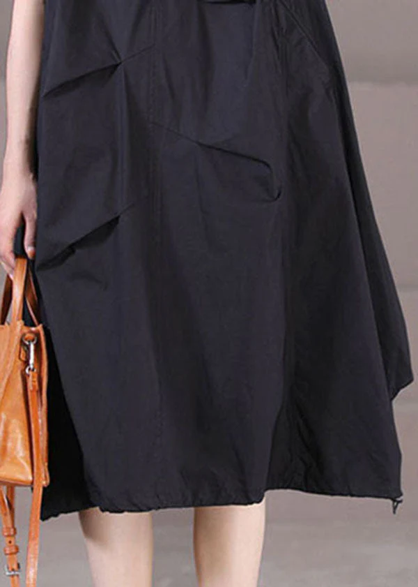 Italian Black O-Neck Drawstring Cotton Long Dress Short Sleeve - Image 4