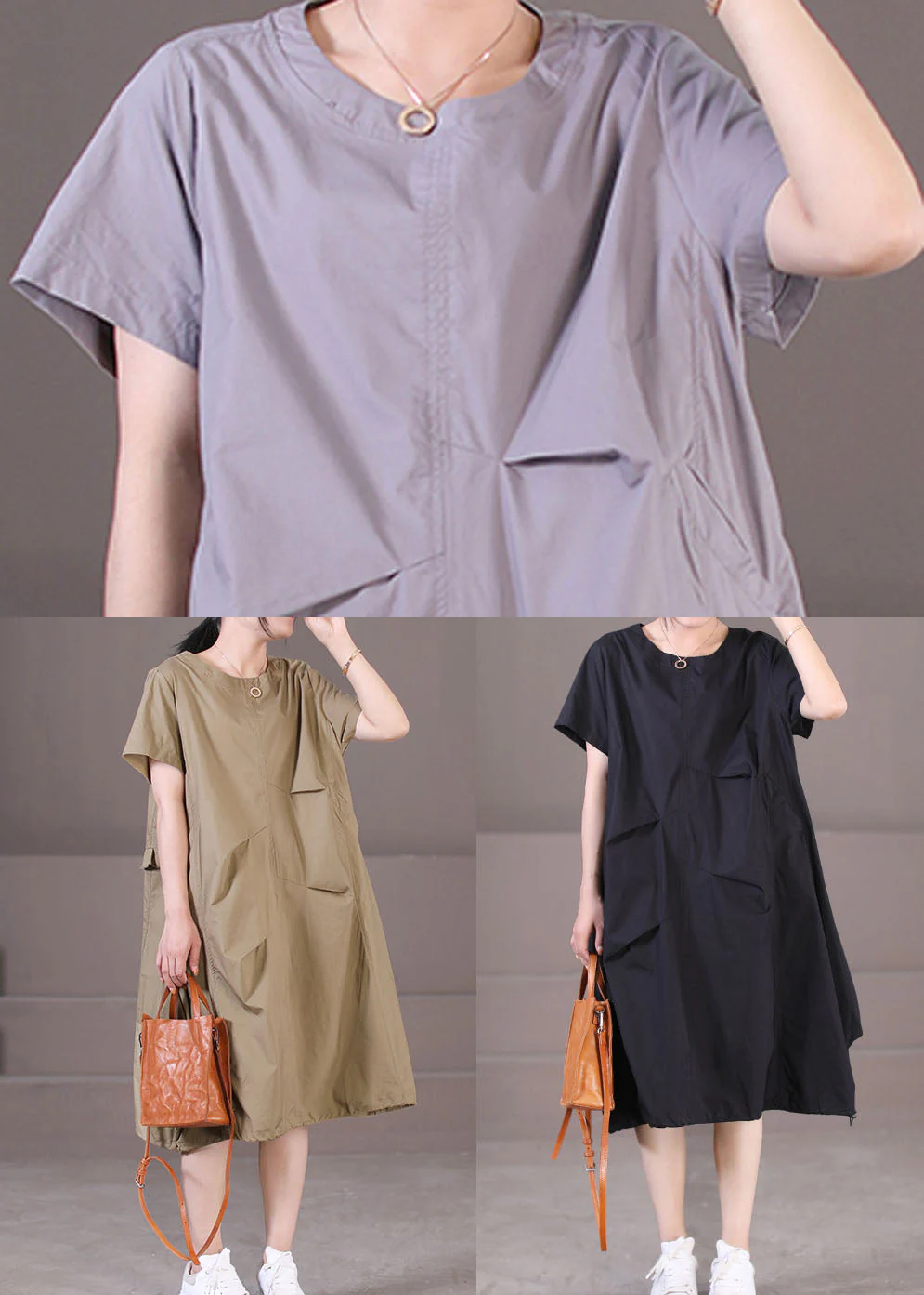 Italian Black O-Neck Drawstring Cotton Long Dress Short Sleeve - Image 5