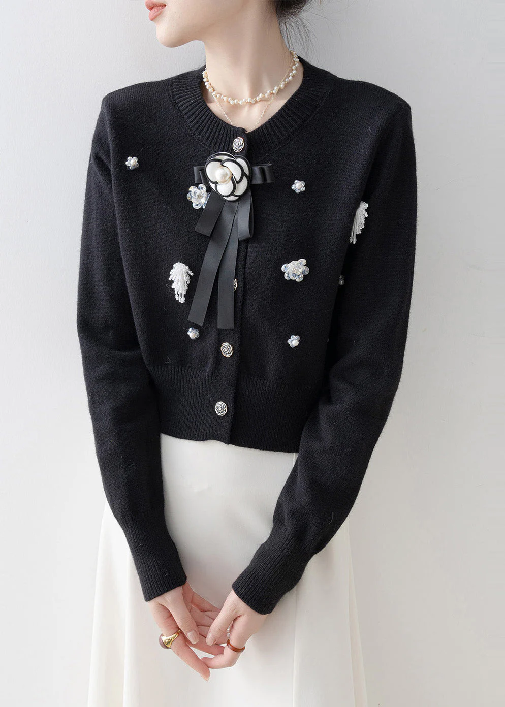 Italian Black O-Neck Floral Knit Cardigans Winter - Image 2