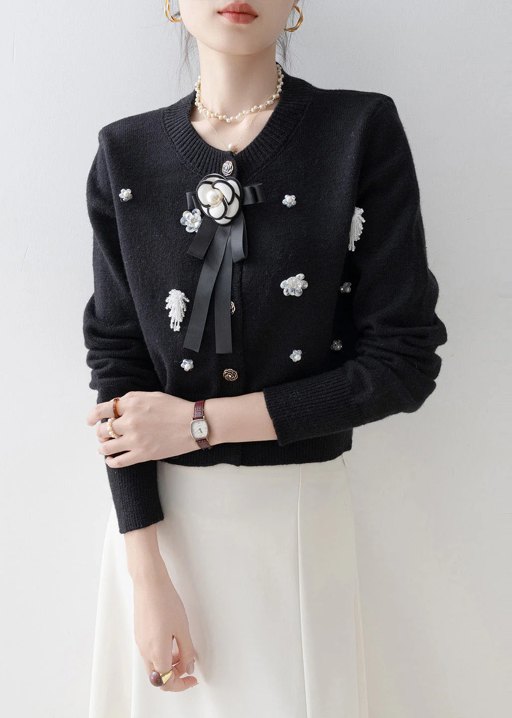 Italian Black O-Neck Floral Knit Cardigans Winter - Image 4