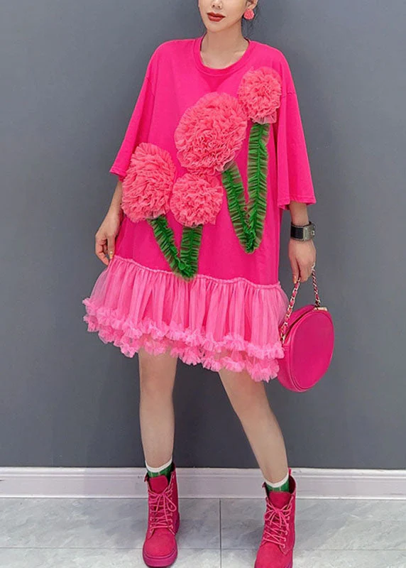 Italian Black O-Neck Floral Tulle Patchwork Mid T Shirts Dress Long Sleeve - Image 2