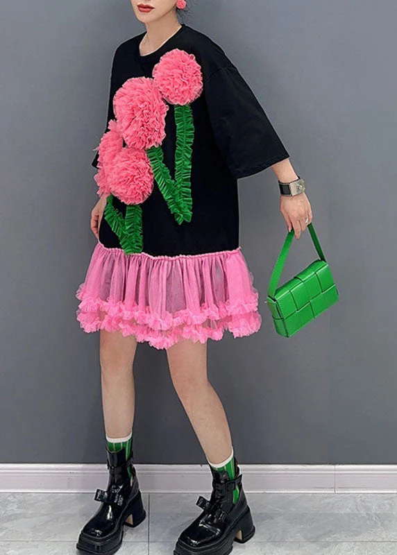 Italian Black O-Neck Floral Tulle Patchwork Mid T Shirts Dress Long Sleeve - Image 3