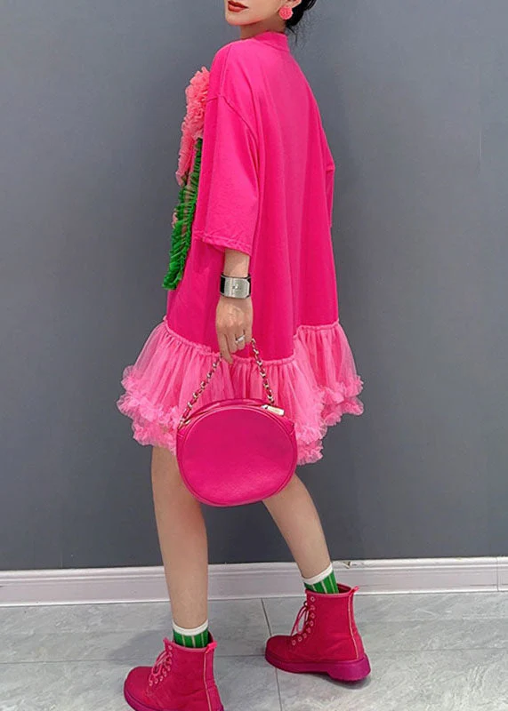 Italian Black O-Neck Floral Tulle Patchwork Mid T Shirts Dress Long Sleeve - Image 4