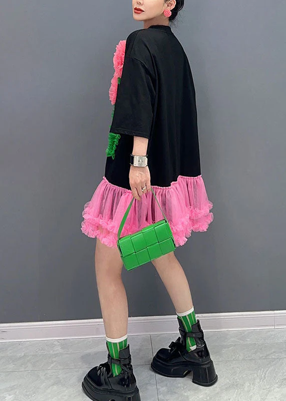 Italian Black O-Neck Floral Tulle Patchwork Mid T Shirts Dress Long Sleeve - Image 5