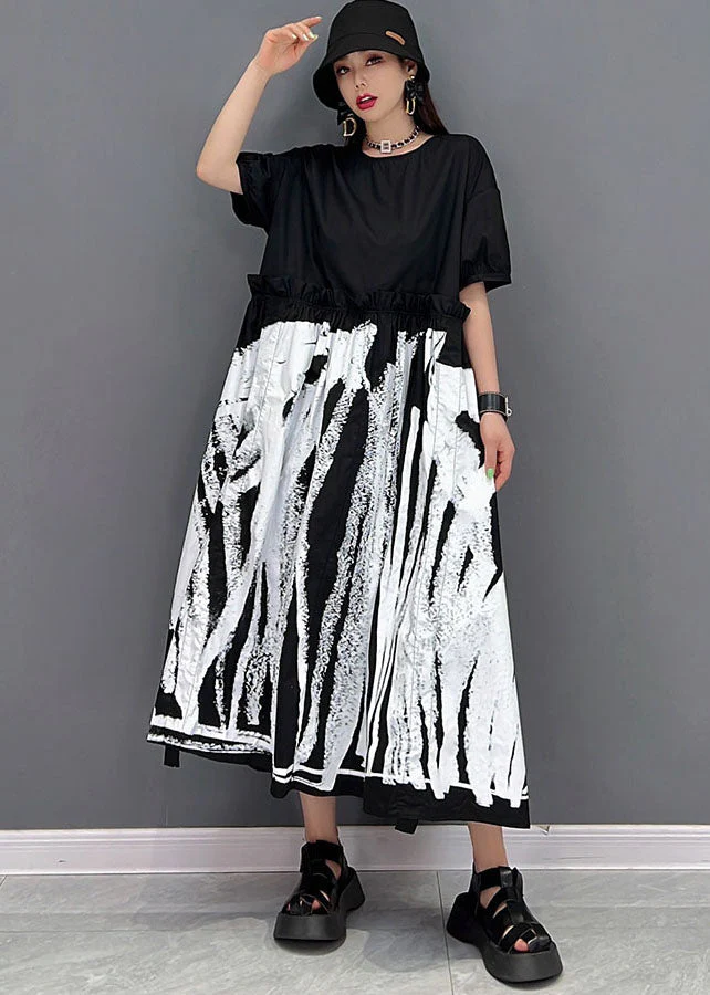 Italian Black O-Neck Patchwork Print Wrinkled Cotton Long Dress Short Sleeve - Image 2