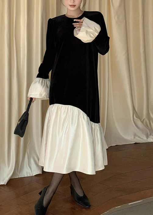 Italian Black O Neck Patchwork Silk Velvet Long Dress Flare Sleeve - Image 2