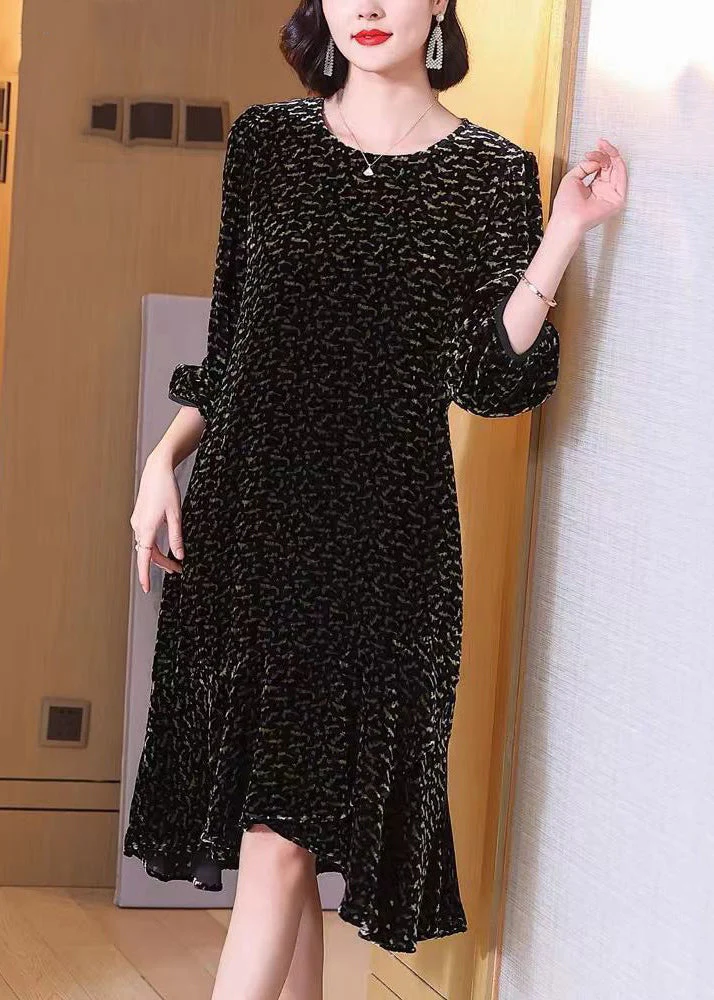 Italian Black O Neck Print Silk Velour Dress Bracelet Sleeve - Image 2