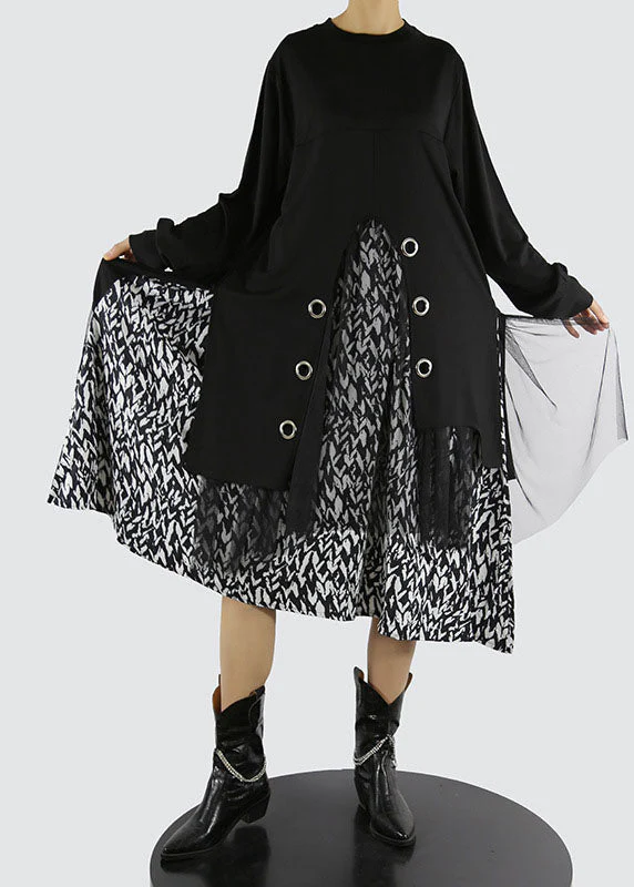 Italian Black O-Neck side open tulle Patchwork Dress Spring - Image 3