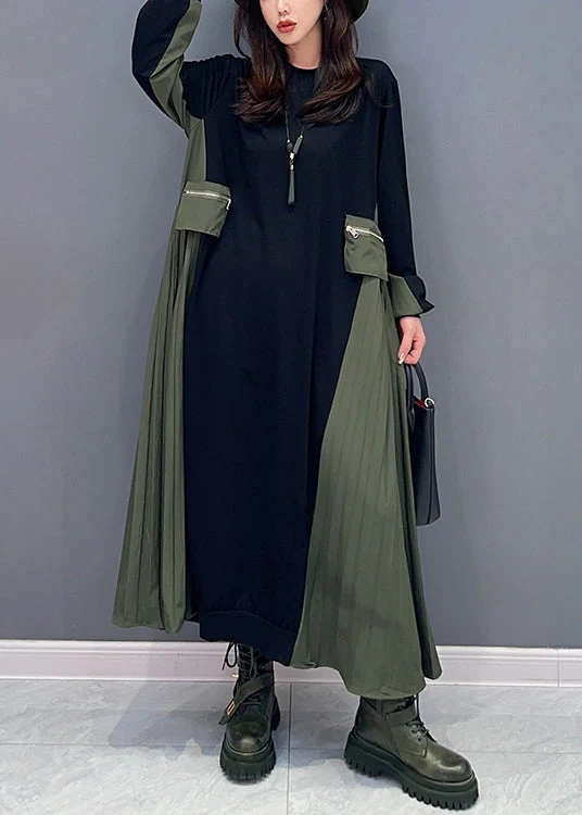 Italian Black O Neck Wrinkled Patchwork Cotton Long Dresses Fall - Image 2