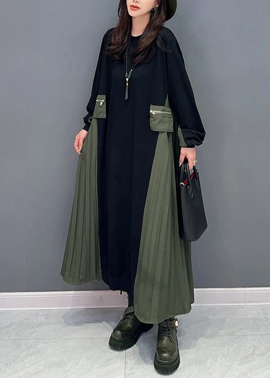 Italian Black O Neck Wrinkled Patchwork Cotton Long Dresses Fall - Image 3