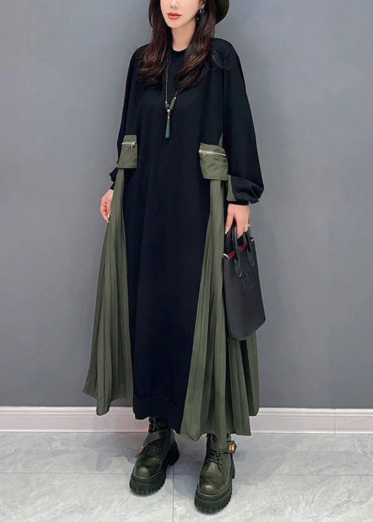 Italian Black O Neck Wrinkled Patchwork Cotton Long Dresses Fall - Image 4