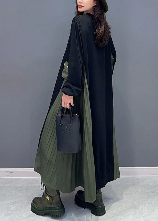 Italian Black O Neck Wrinkled Patchwork Cotton Long Dresses Fall - Image 5