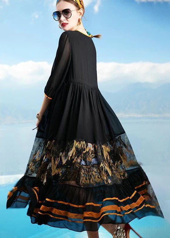 Italian Black O Neck Wrinkled Patchwork Print Silk Beach Holiday Dresses Summer - Image 4