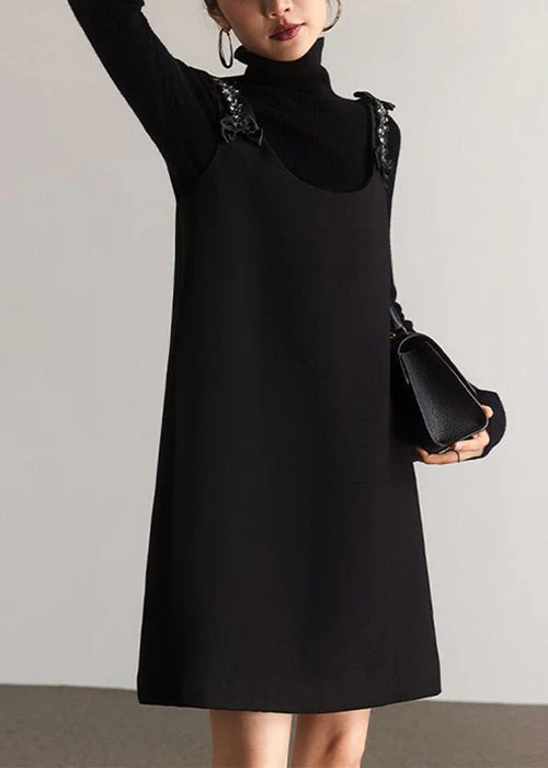 Italian Black O-Neck Zircon Patchwork Cotton Mid Dress Sleeveless - Image 2