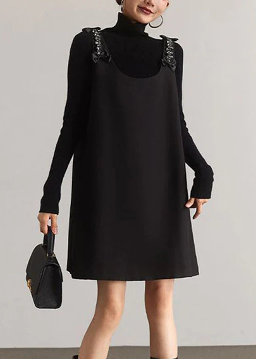 Italian Black O-Neck Zircon Patchwork Cotton Mid Dress Sleeveless - Image 3