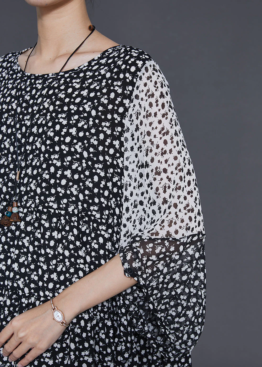 Italian Black Oversized Patchwork Print Chiffon Dress Summer - Image 5